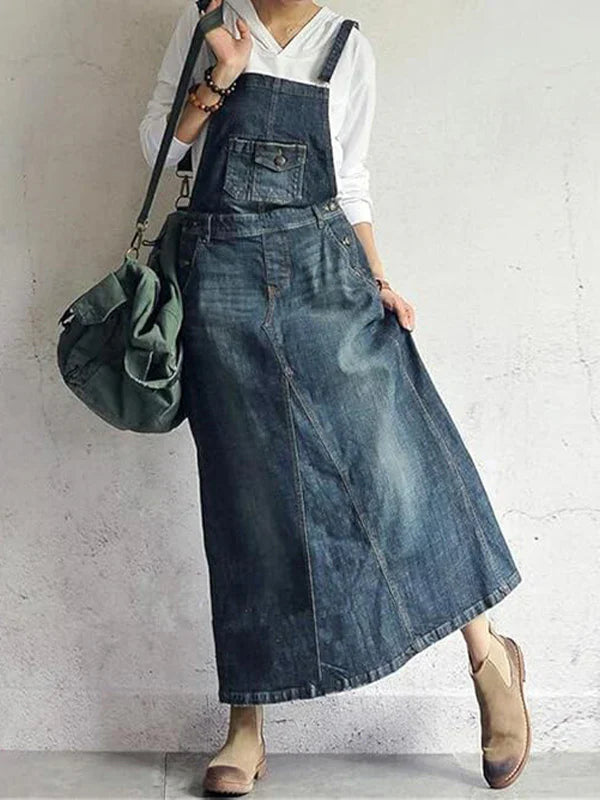 Casual Vintage-Inspired Back Slit Denim Overall Dress