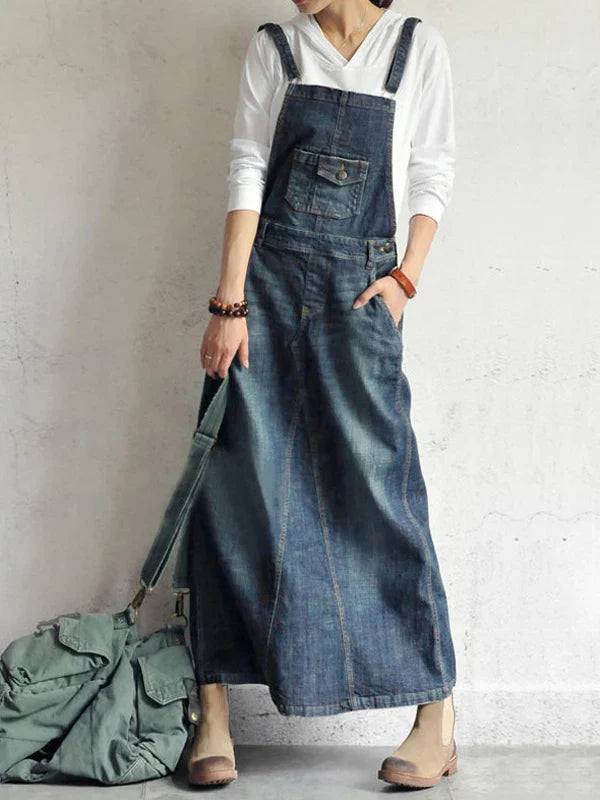 Casual Vintage-Inspired Back Slit Denim Overall Dress