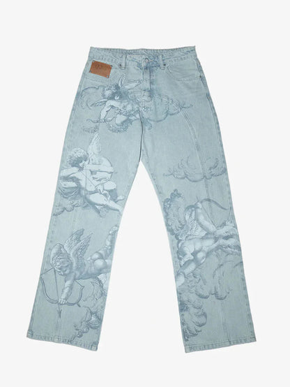 Washed Jeans With Cupid Print
