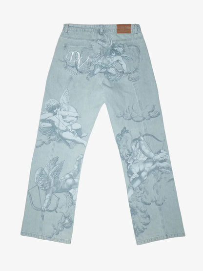 Washed Jeans With Cupid Print