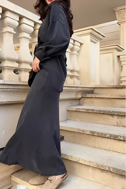 Long-sleeved Tie-Drawstring Shirt and Skirt Set