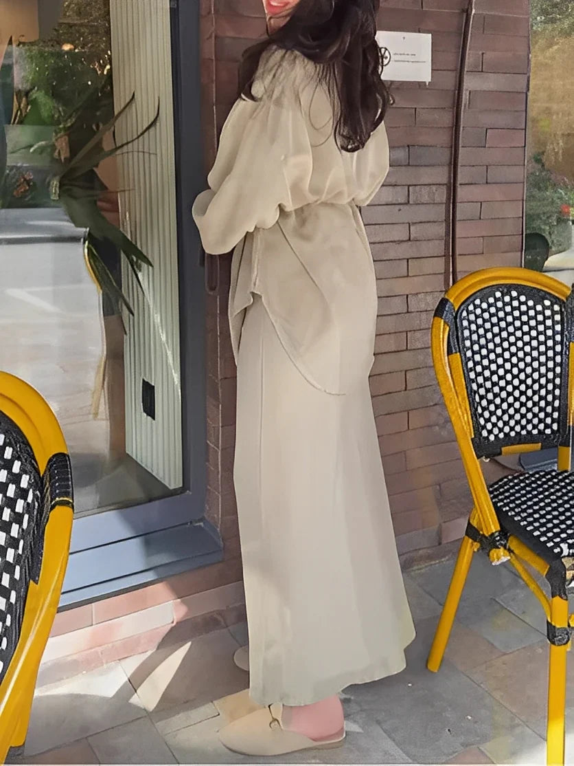 Long-sleeved Tie-Drawstring Shirt and Skirt Set